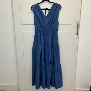 Blue Smocked‎ Waist Tiered Maxi Dress Tie Back V Neck Sleeveless Womens XL